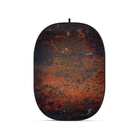 Flexible oval backdrop, dark mottled with rust-orange speckles, top hanging loop.