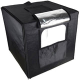 Black 80x80cm LED light softbox with side window and reflective silver interior