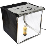 Open 80x80cm softbox tent with silver reflective interior and side curtains