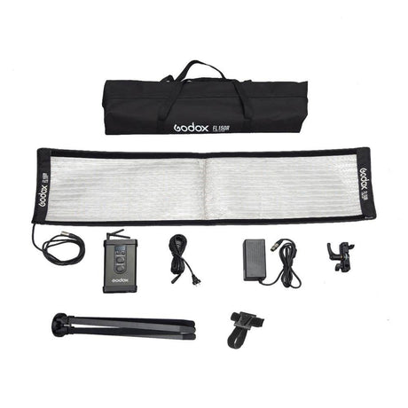 LED light kit with folded diffuser panel, controller, cables, power adapter, stand parts