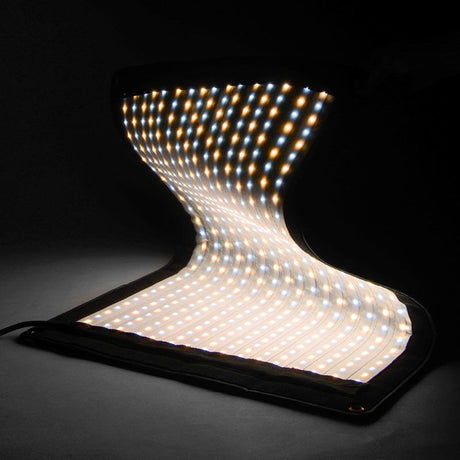 Folded LED light with curved diffuser and illuminated bulb rows on black case