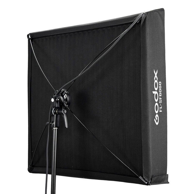 Black LED softbox-style light with hinged frame and side brand label