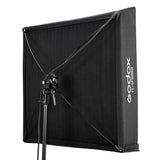Black LED softbox-style light with hinged frame and side brand label