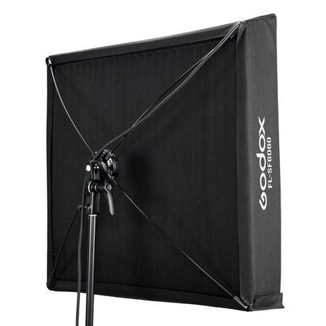Black LED softbox-style light with hinged frame and side brand label