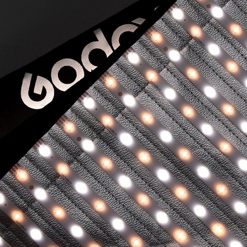 Close-up of LED array on textured diffuser with warm and white bulb glow