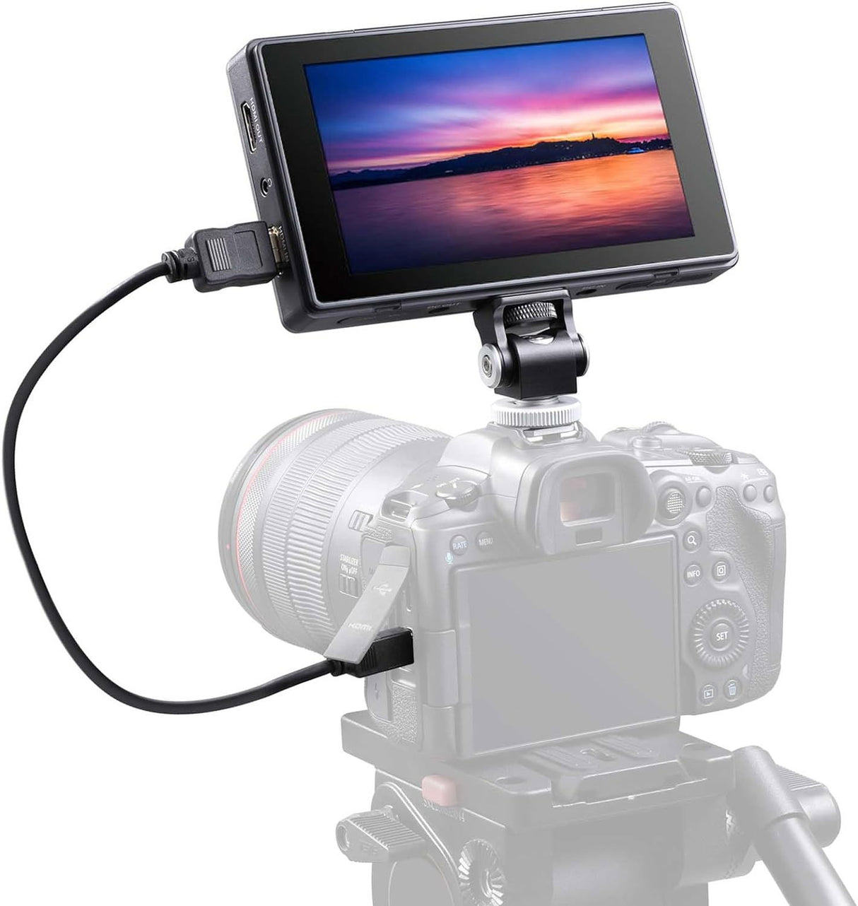 5.5-inch 4K HDMI touchscreen monitor on camera with cable, front angled