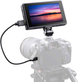 5.5-inch 4K HDMI touchscreen monitor on camera with cable, front angled