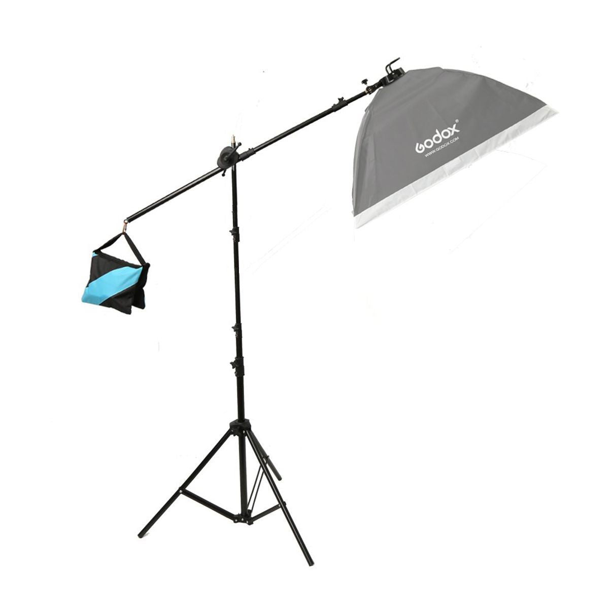 Studio light stand with boom arm and gray softbox; blue/black weight bag