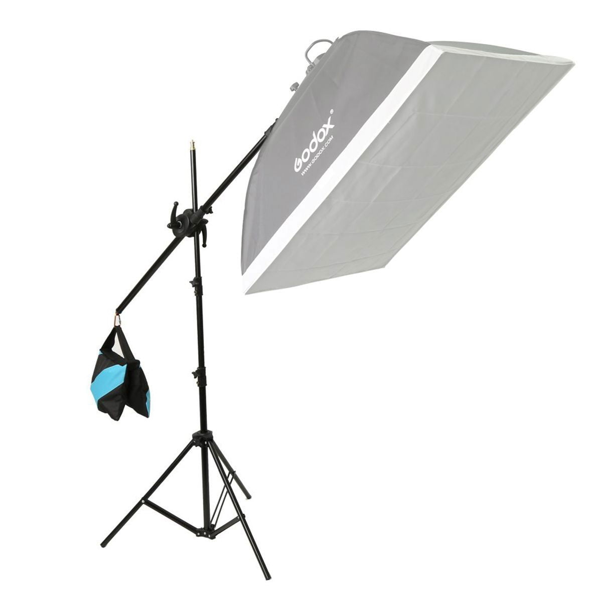 Gray softbox on photo light stand with boom arm and hanging weight bag