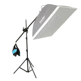 Gray softbox on photo light stand with boom arm and hanging weight bag