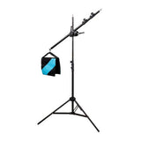 Photo light stand with boom arm, softbox and blue/black hanging weight bag