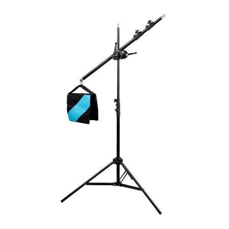 Photo light stand with boom arm, softbox and blue/black hanging weight bag