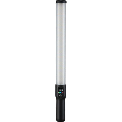 RGB LED light wand with vertical white tube and black base handle