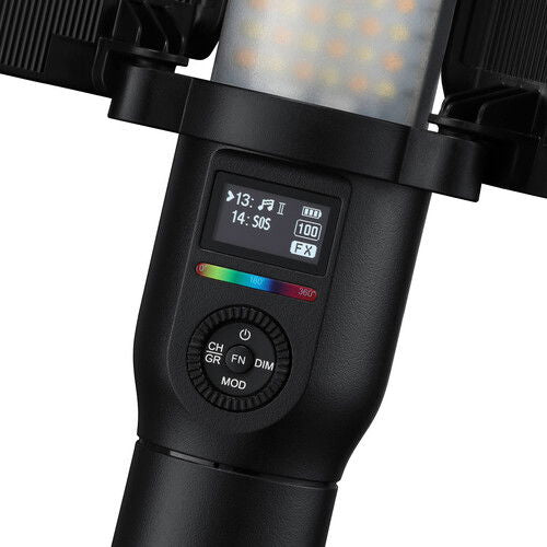 LED wand control panel with screen, mode dial, and RGB color selector
