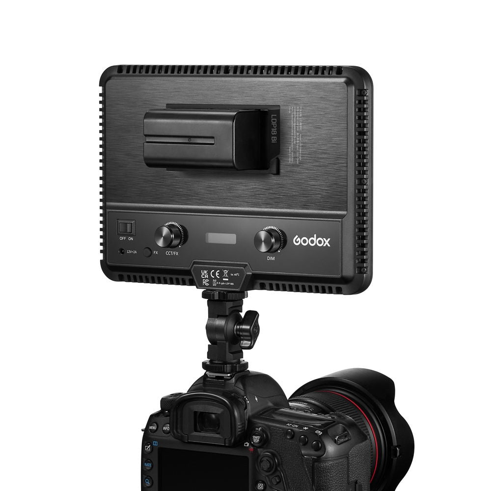 LED streaming slim light on camera, with rear controls and mounting bracket visible