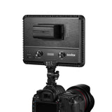 LED streaming slim light on camera, with rear controls and mounting bracket visible