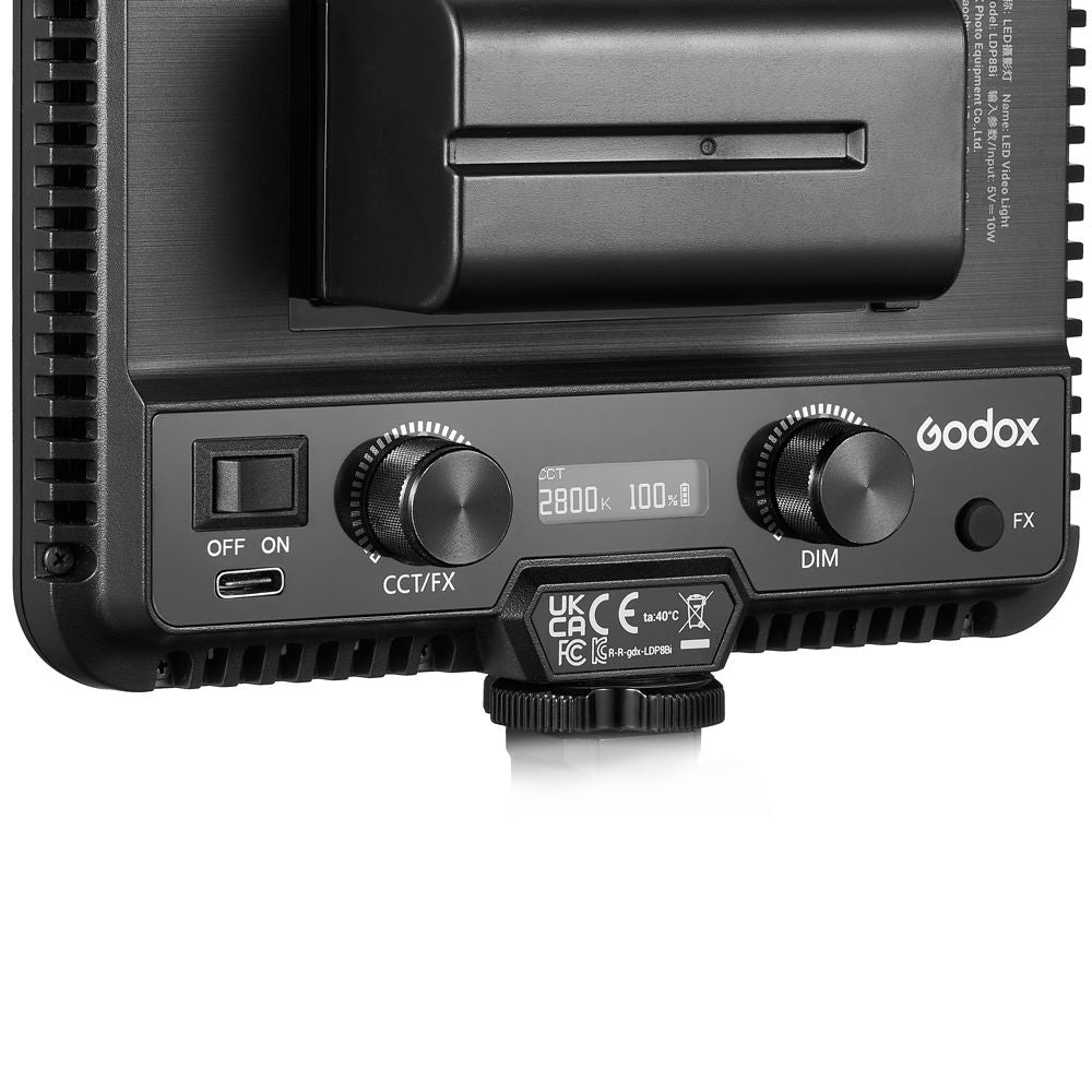 Rear controls of LED streaming light with dials, indicators, and ventilation