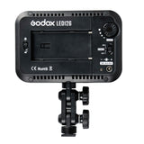 Godox LED126 rear side with controls, DC input label, and mounting bracket