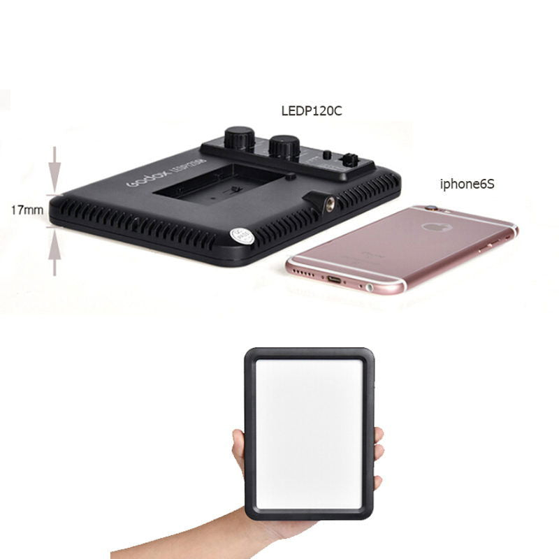 LEDP120C compact LED light with front panel held up for size comparison