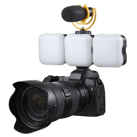LED6R bicolor light mounted on camera with white cube diffuser heads
