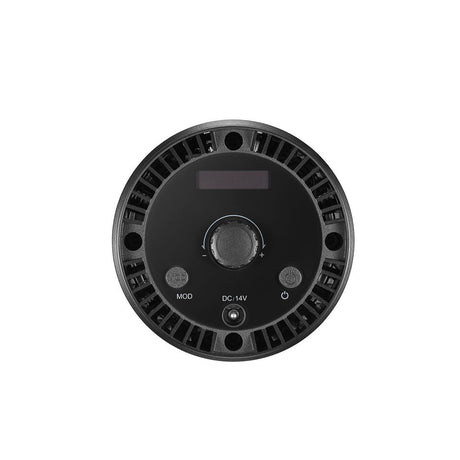 LED video light underside with mode dial and DC 14V markings, black heatsink
