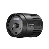 LED video light rear view with control panel and cooling vents, black housing