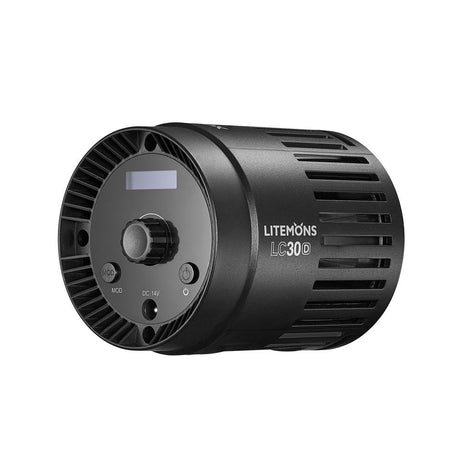 LED video light rear view with control panel and cooling vents, black housing