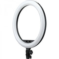 Circular LED ring light with white tube and black control panel, mounted on stand base