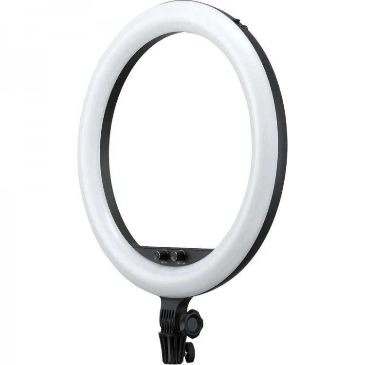 Circular LED ring light with white tube and black control panel, mounted on stand base