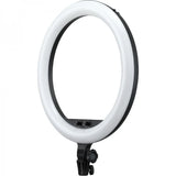 Circular LED ring light with white tube and black control panel, mounted on stand base