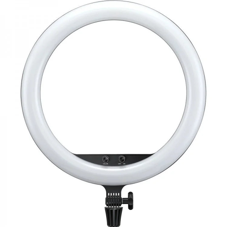 Circular LED ring light front view, white frame with black base controls