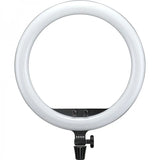 Circular LED ring light front view, white frame with black base controls