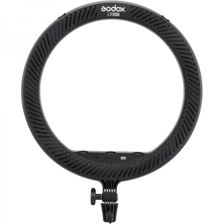Back view of black LED ring light with ventilation grille and mount clip