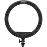 Back view of black LED ring light with ventilation grille and mount clip