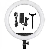 LED ring light kit with power adapter cable and mounting handle on stand