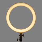 Lampa LED circulară cu inel galben cald, pe suport