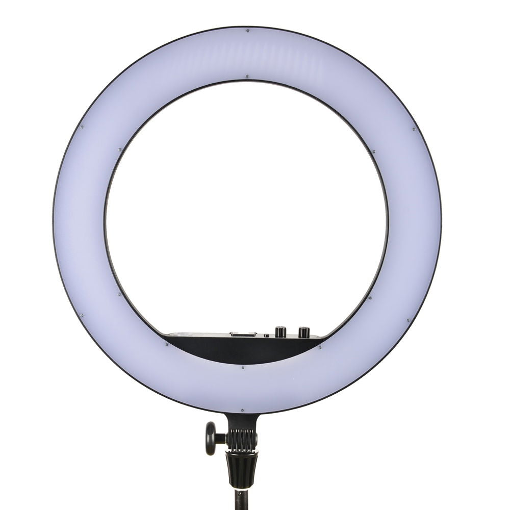 Lampă LED circulară, inel luminos violet, suport cu prindere tip trepied
