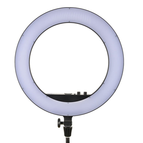 Lampă LED circulară, inel luminos violet, suport cu prindere tip trepied