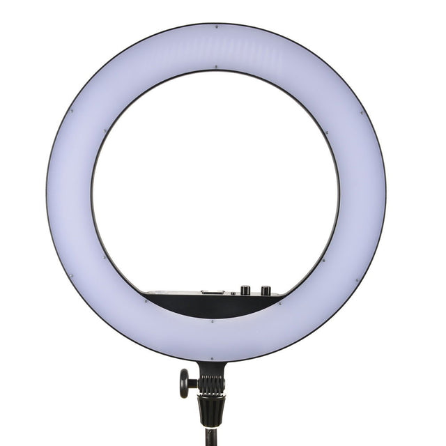 Lampă LED circulară, inel luminos violet, suport cu prindere tip trepied