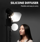 Foldable softbox diffuser on LED light, white panel for diffused light