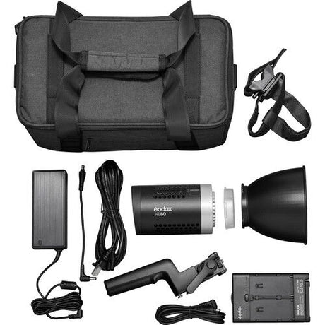 Portable LED light kit with carry bag, power adapter, cables, and reflector
