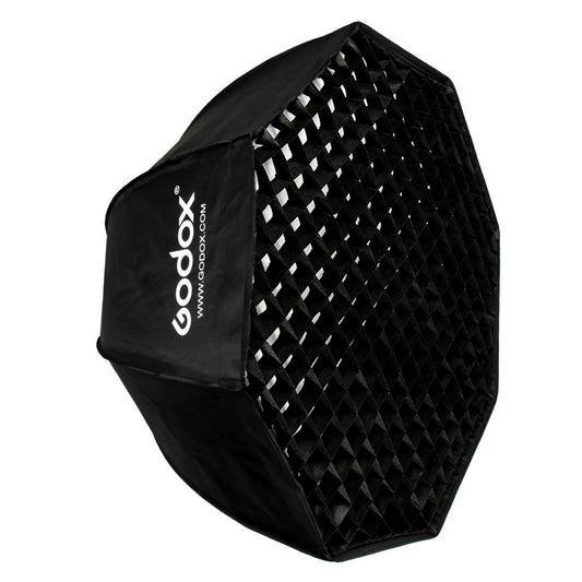 Black 95 cm octabox softbox with grid, octagonal light modifier, Bowens mount