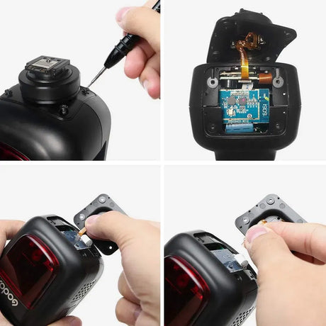 Black camera flash unit with open back showing internal circuit board and hand adjusting