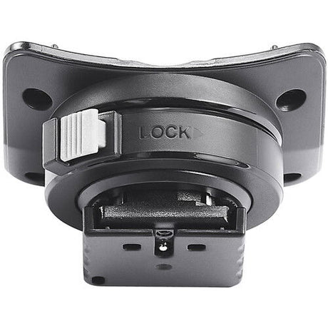 Camera flash hot shoe mount lock bracket with electrical contacts and latch tab