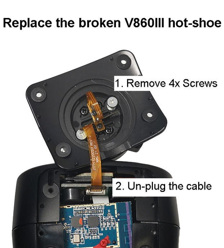 Disassembled hot-shoe with ribbon cable and circuit board inside