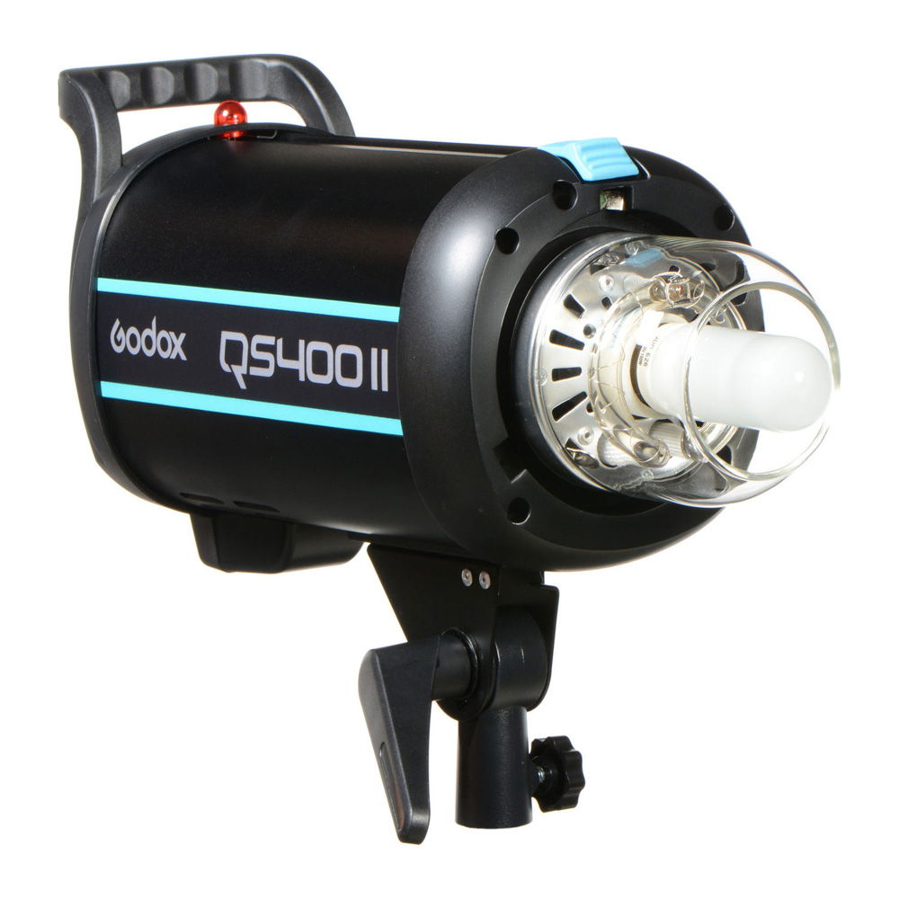 QS400II flash head close-up with front reflector and glass bulb