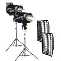 QS400II studio flash kit with two heads, stands, and grid softboxes