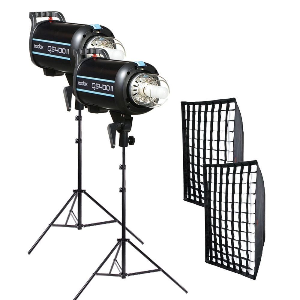 QS400II studio flash kit with two heads, stands, and grid softboxes