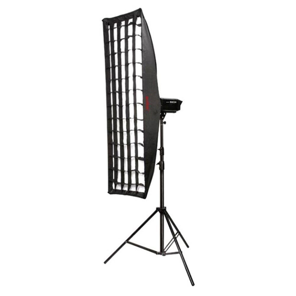 Rectangular softbox grid with black frame on tripod light stand, studio lighting accessory