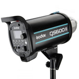 QS600II studio flash head with rear control panel and mounting bracket, black and blue